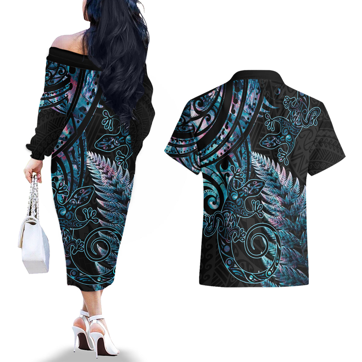New Zealand Lizard Couples Matching Off The Shoulder Long Sleeve Dress and Hawaiian Shirt Silver Fern Aotearoa Maori With Paua Shell LT14 - Polynesian Pride