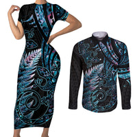 New Zealand Lizard Couples Matching Short Sleeve Bodycon Dress and Long Sleeve Button Shirt Silver Fern Aotearoa Maori With Paua Shell LT14 Turquoise - Polynesian Pride