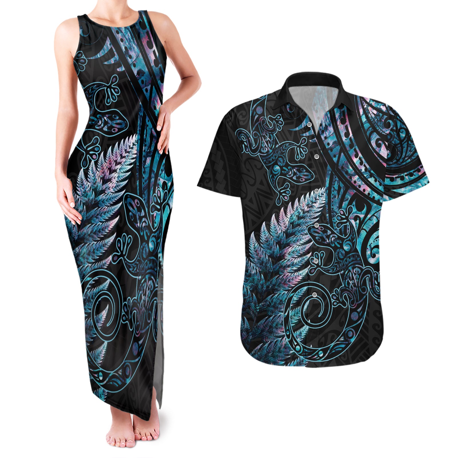 New Zealand Lizard Couples Matching Tank Maxi Dress and Hawaiian Shirt Silver Fern Aotearoa Maori With Paua Shell LT14 Turquoise - Polynesian Pride