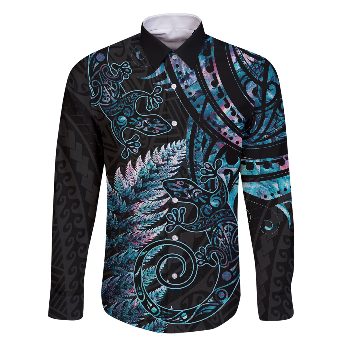 New Zealand Lizard Family Matching Mermaid Dress and Hawaiian Shirt Silver Fern Aotearoa Maori With Paua Shell LT14 Dad's Shirt - Long Sleeve Turquoise - Polynesian Pride