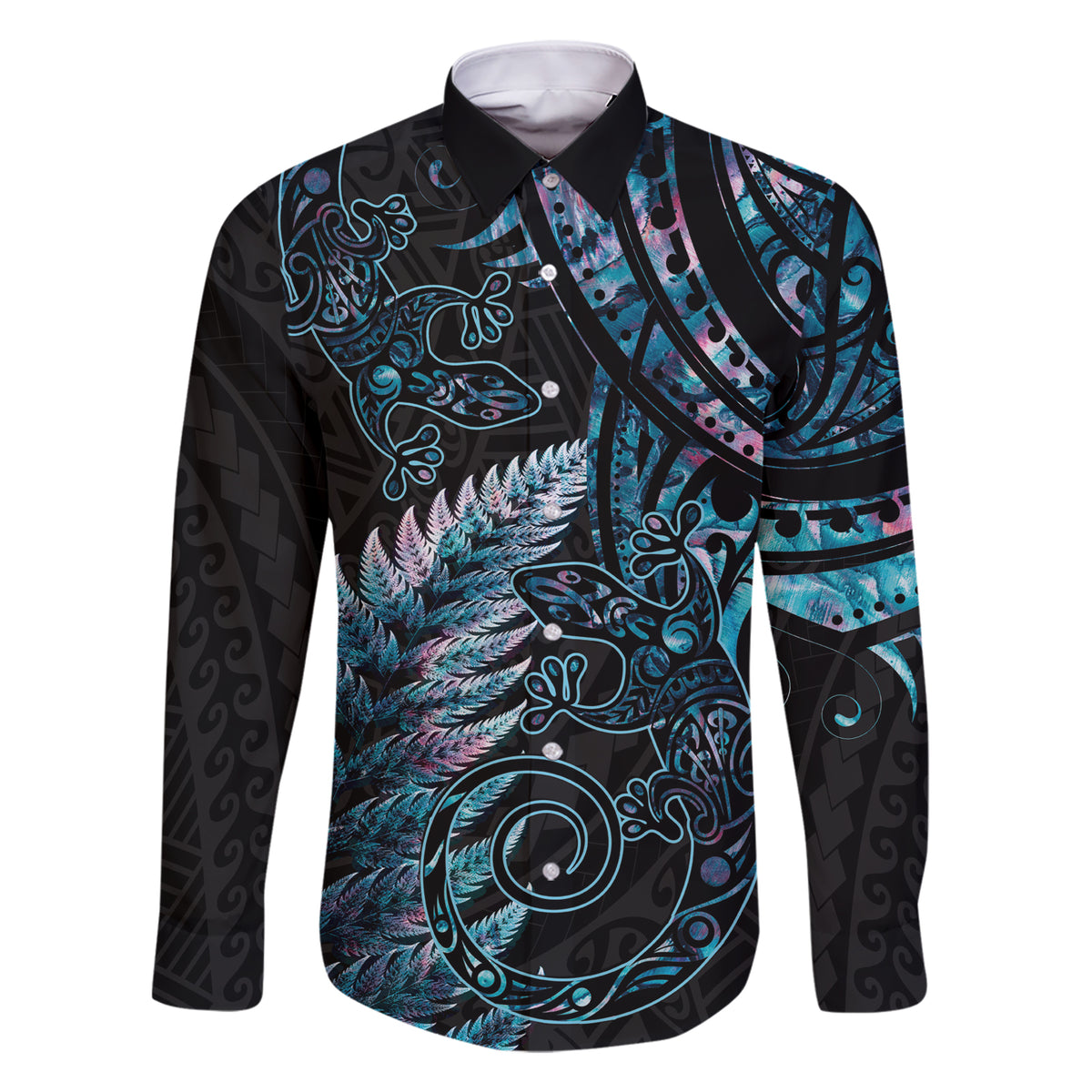 New Zealand Lizard Family Matching Short Sleeve Bodycon Dress and Hawaiian Shirt Silver Fern Aotearoa Maori With Paua Shell LT14 Dad's Shirt - Long Sleeve Turquoise - Polynesian Pride