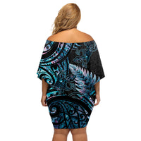 New Zealand Lizard Off Shoulder Short Dress Silver Fern Aotearoa Maori With Paua Shell LT14 - Polynesian Pride