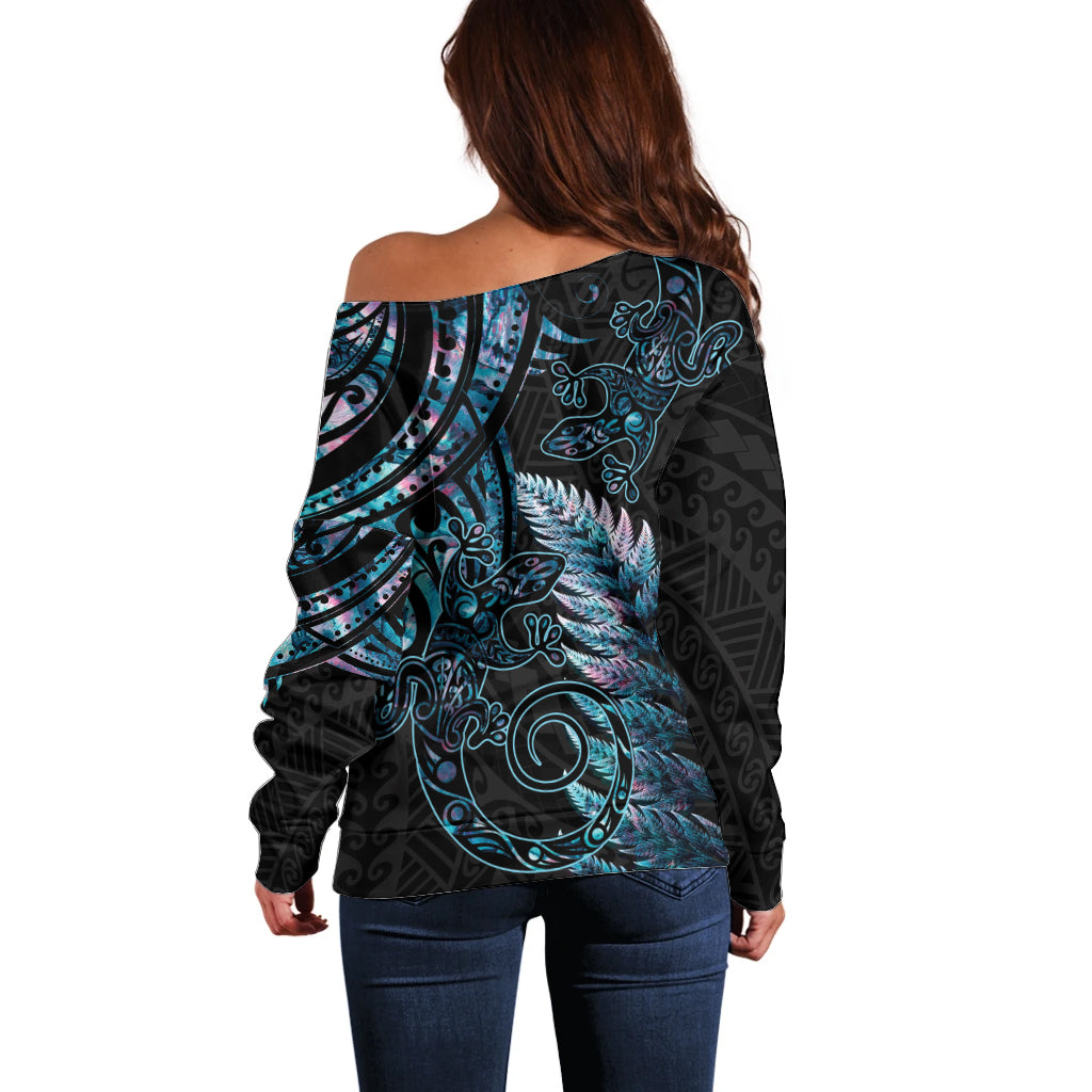 New Zealand Lizard Off Shoulder Sweater Silver Fern Aotearoa Maori With Paua Shell LT14 - Polynesian Pride