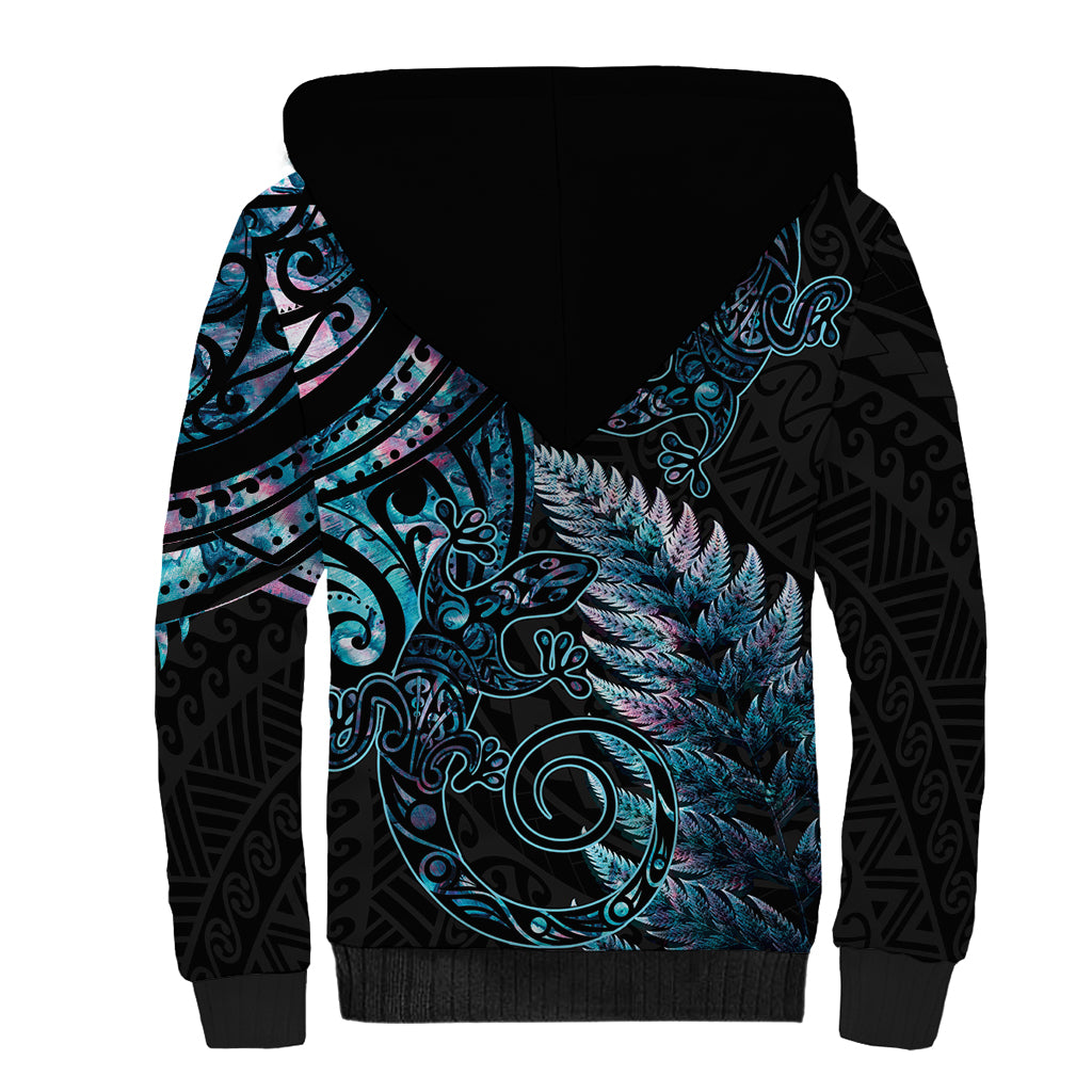 New Zealand Lizard Sherpa Hoodie Silver Fern Aotearoa Maori With Paua Shell LT14 - Polynesian Pride