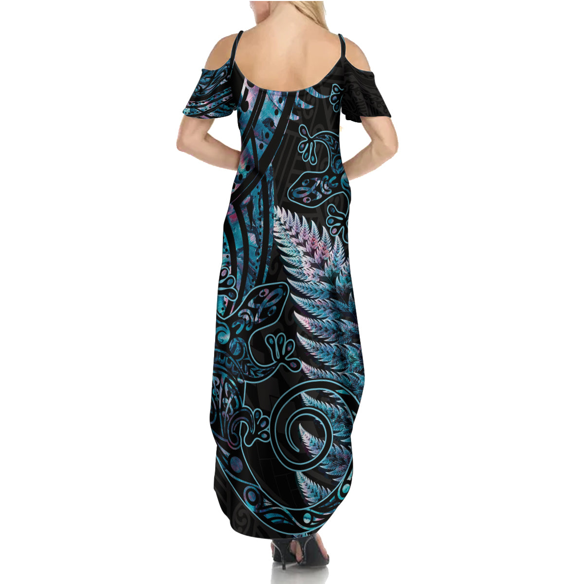 New Zealand Lizard Summer Maxi Dress Silver Fern Aotearoa Maori With Paua Shell LT14 - Polynesian Pride