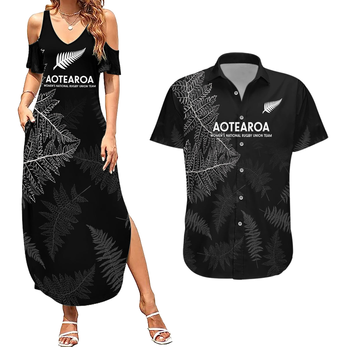 New Zealand Haka Rugby Couples Matching Summer Maxi Dress and Hawaiian Shirt 2024 Pacific Go Black Silver Fern LT14 Black - Polynesian Pride