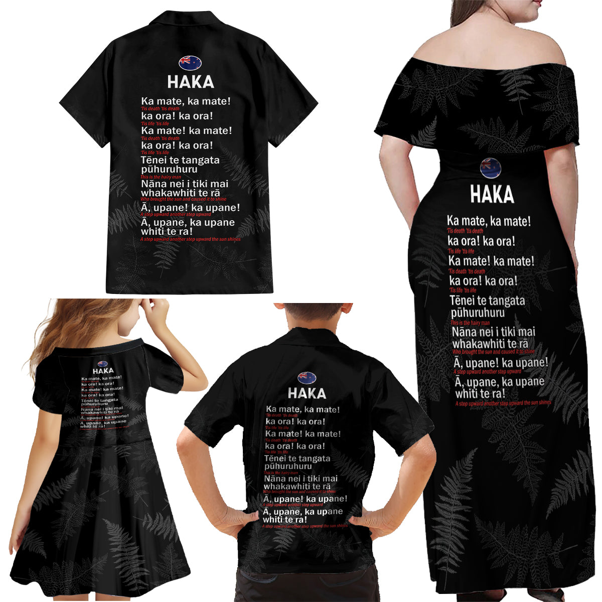 New Zealand Haka Rugby Family Matching Off Shoulder Maxi Dress and Hawaiian Shirt 2024 Pacific Go Black Silver Fern LT14 - Polynesian Pride