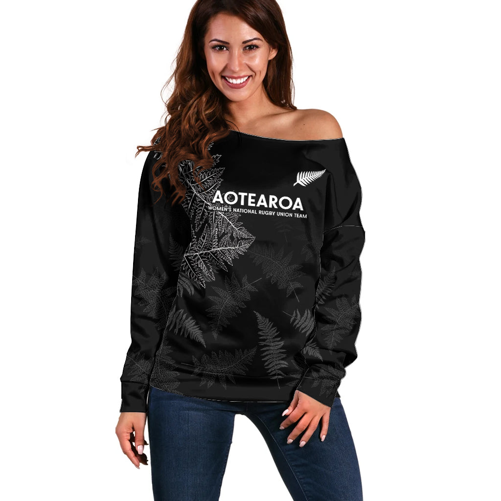 New Zealand Haka Rugby Off Shoulder Sweater 2024 Pacific Go Black Silver Fern LT14 Women Black - Polynesian Pride