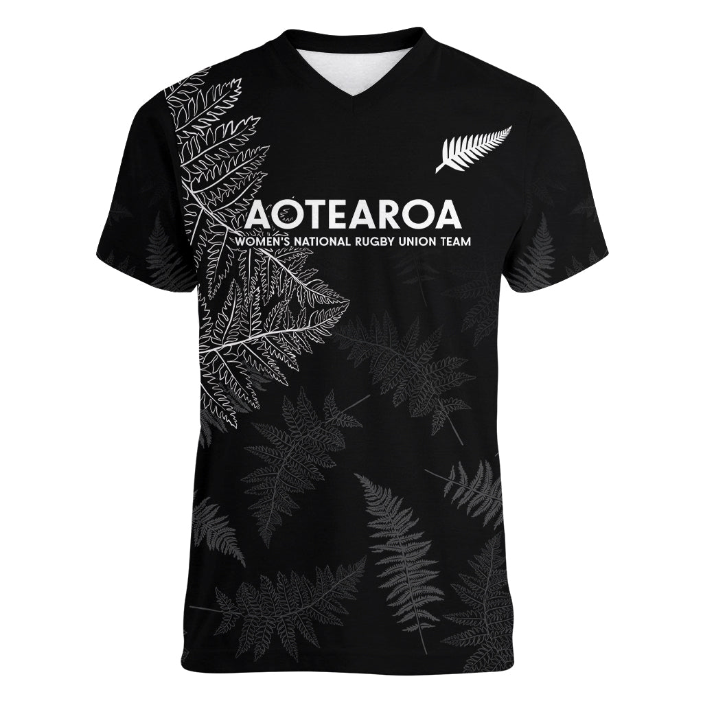 New Zealand Haka Rugby Women V Neck T Shirt 2024 Pacific Go Black Silver Fern LT14 Female Black - Polynesian Pride