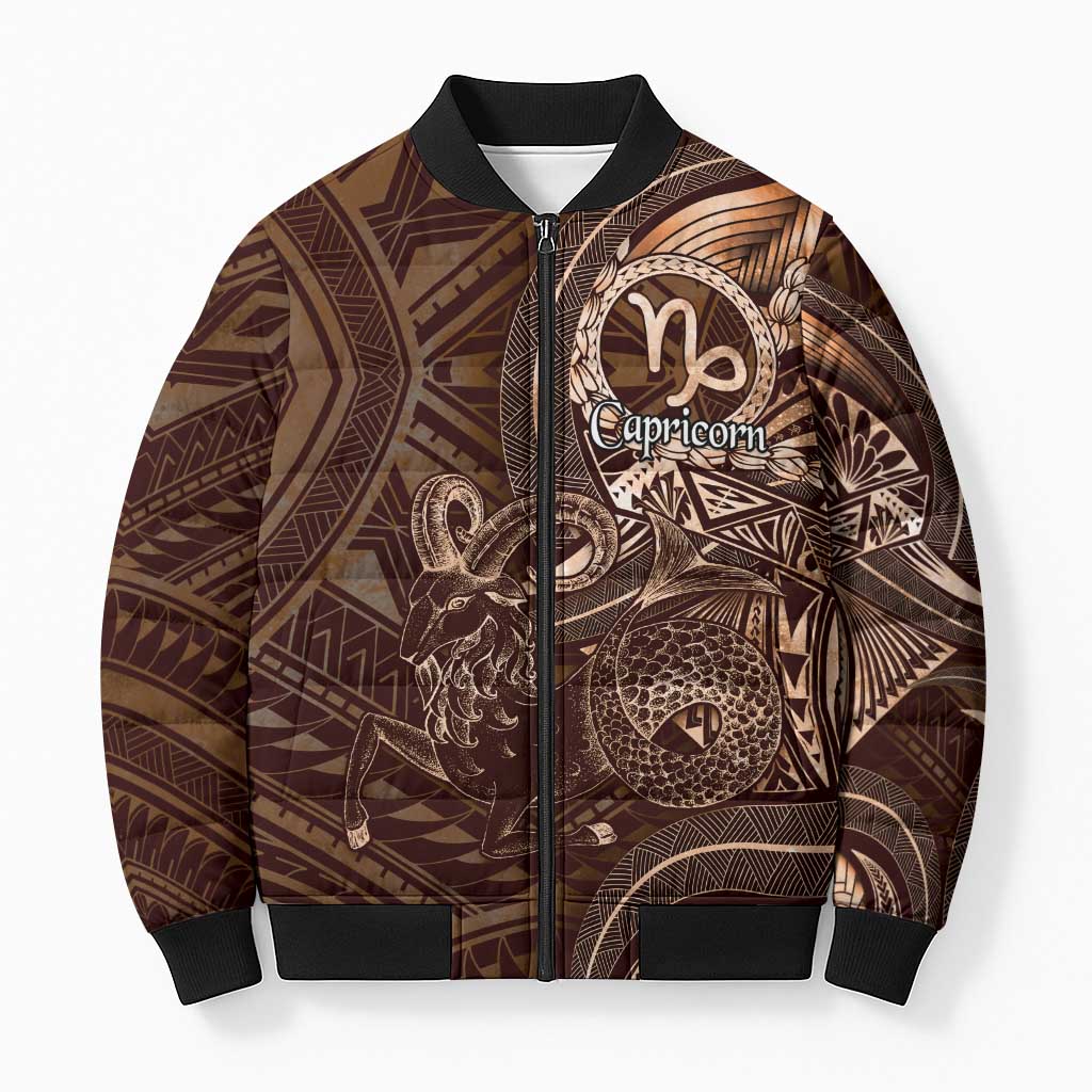 Personalised Polynesia Zodiac Capricorn Bomber Puffer Jacket Galaxy Polynesian Pattern Chest Tattoo Style LT14 Unisex Brown - Polynesian Pride