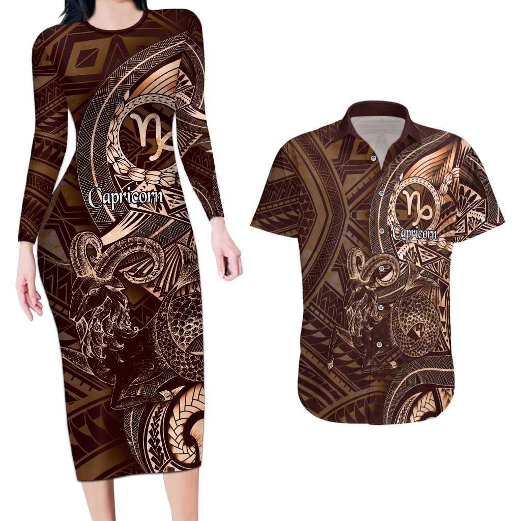 Personalised Polynesia Zodiac Capricorn Couples Matching Long Sleeve Bodycon Dress and Hawaiian Shirt Galaxy Polynesian Pattern Chest Tattoo Style LT14 Brown - Polynesian Pride