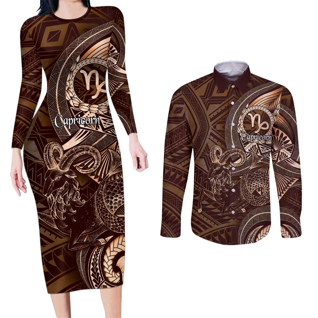 Personalised Polynesia Zodiac Capricorn Couples Matching Long Sleeve Bodycon Dress and Long Sleeve Button Shirt Galaxy Polynesian Pattern Chest Tattoo Style LT14 Brown - Polynesian Pride