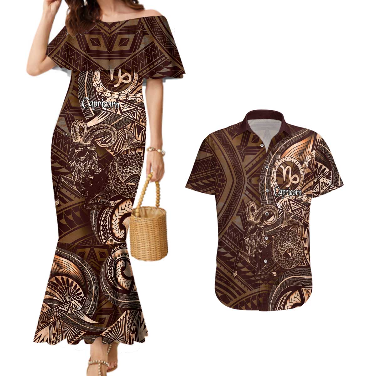 Personalised Polynesia Zodiac Capricorn Couples Matching Mermaid Dress and Hawaiian Shirt Galaxy Polynesian Pattern Chest Tattoo Style