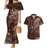 Personalised Polynesia Zodiac Capricorn Couples Matching Mermaid Dress and Hawaiian Shirt Galaxy Polynesian Pattern Chest Tattoo Style