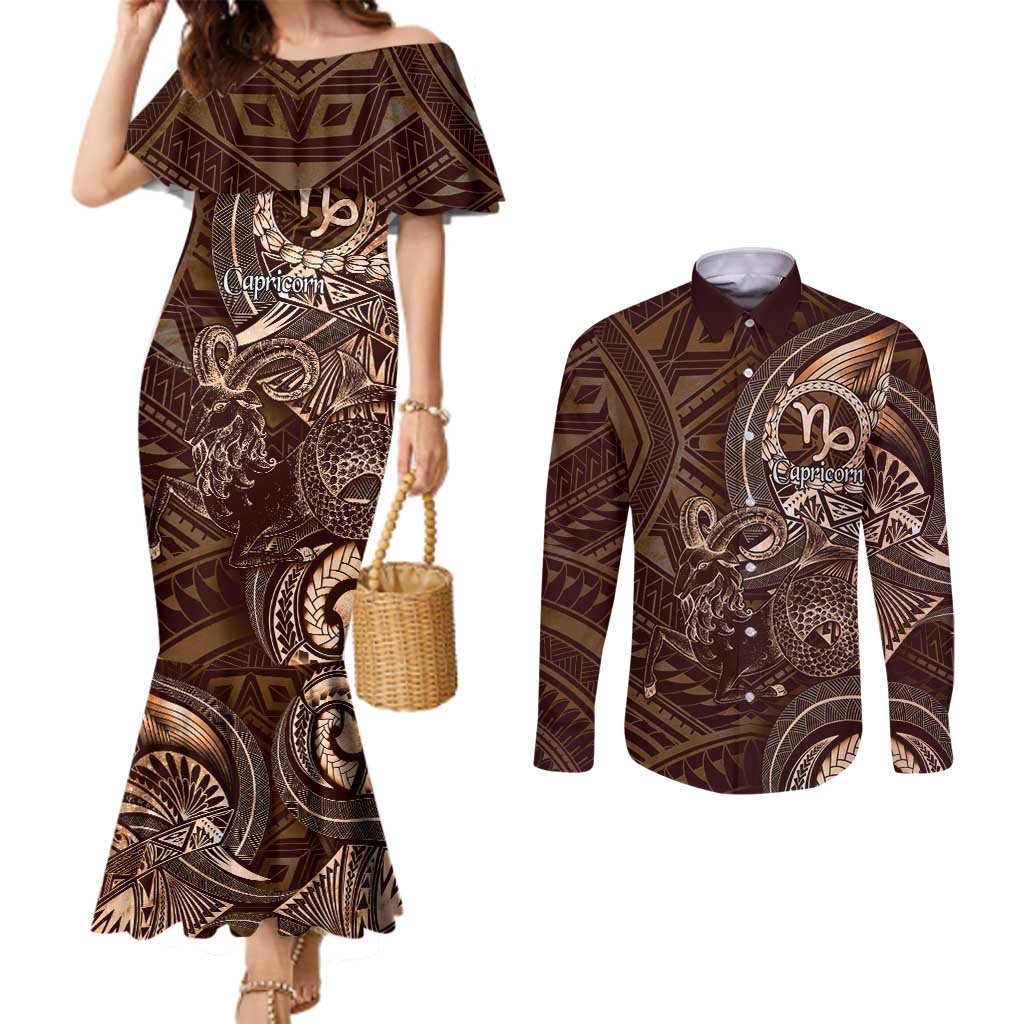 Personalised Polynesia Zodiac Capricorn Couples Matching Mermaid Dress and Long Sleeve Button Shirt Galaxy Polynesian Pattern Chest Tattoo Style LT14 Brown - Polynesian Pride