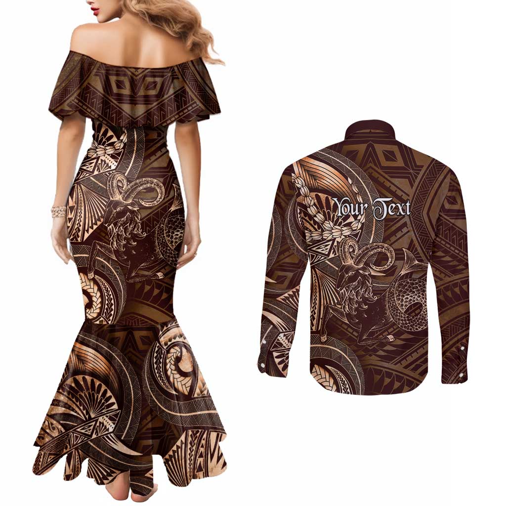 Personalised Polynesia Zodiac Capricorn Couples Matching Mermaid Dress and Long Sleeve Button Shirt Galaxy Polynesian Pattern Chest Tattoo Style LT14 - Polynesian Pride