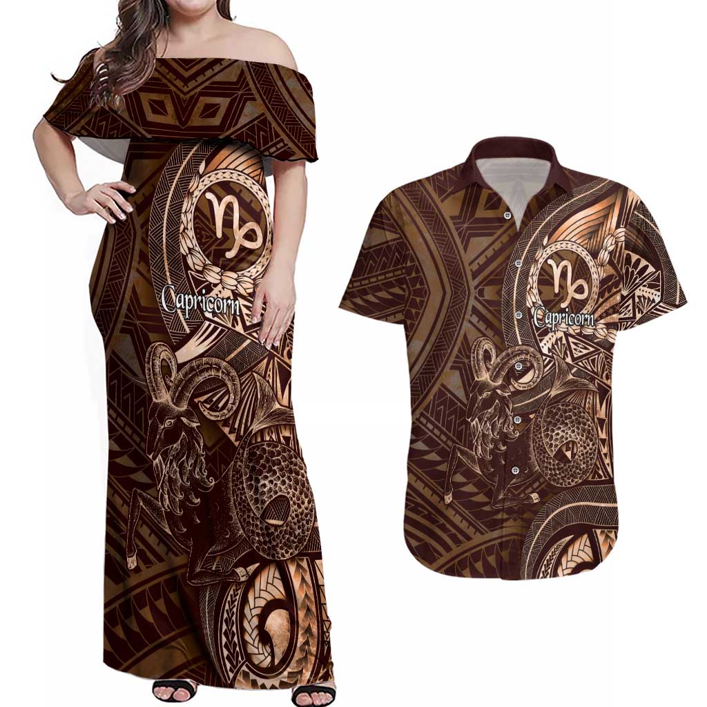 Personalised Polynesia Zodiac Capricorn Couples Matching Off Shoulder Maxi Dress and Hawaiian Shirt Galaxy Polynesian Pattern Chest Tattoo Style LT14 Brown - Polynesian Pride