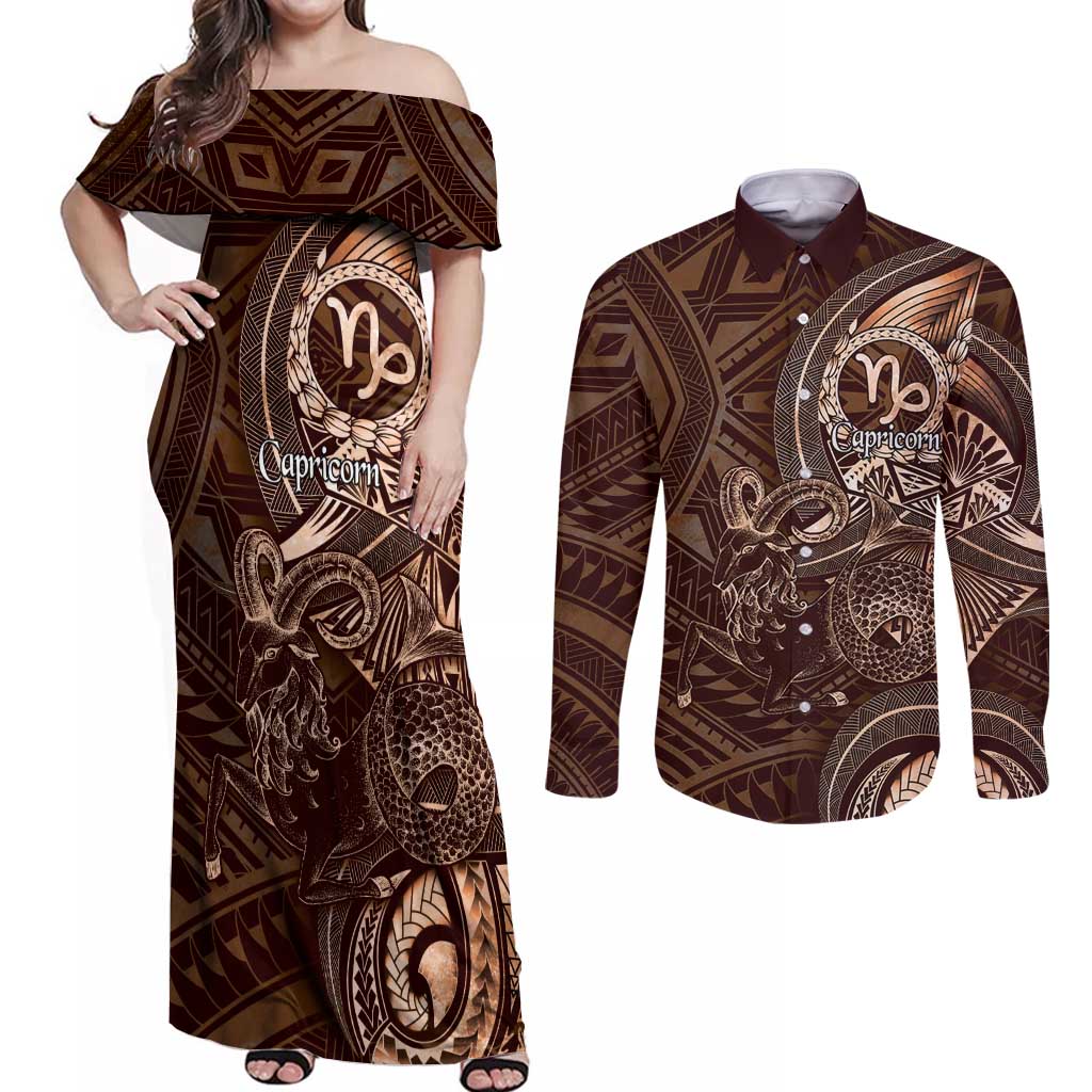 Personalised Polynesia Zodiac Capricorn Couples Matching Off Shoulder Maxi Dress and Long Sleeve Button Shirt Galaxy Polynesian Pattern Chest Tattoo Style LT14 Brown - Polynesian Pride