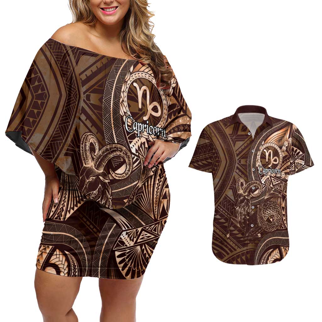 Personalised Polynesia Zodiac Capricorn Couples Matching Off Shoulder Short Dress and Hawaiian Shirt Galaxy Polynesian Pattern Chest Tattoo Style LT14 Brown - Polynesian Pride