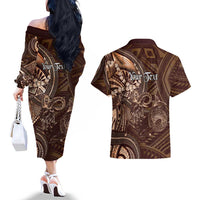 Personalised Polynesia Zodiac Capricorn Couples Matching Off The Shoulder Long Sleeve Dress and Hawaiian Shirt Galaxy Polynesian Pattern Chest Tattoo Style