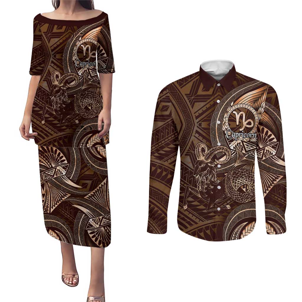 Personalised Polynesia Zodiac Capricorn Couples Matching Puletasi and Long Sleeve Button Shirt Galaxy Polynesian Pattern Chest Tattoo Style LT14 Brown - Polynesian Pride