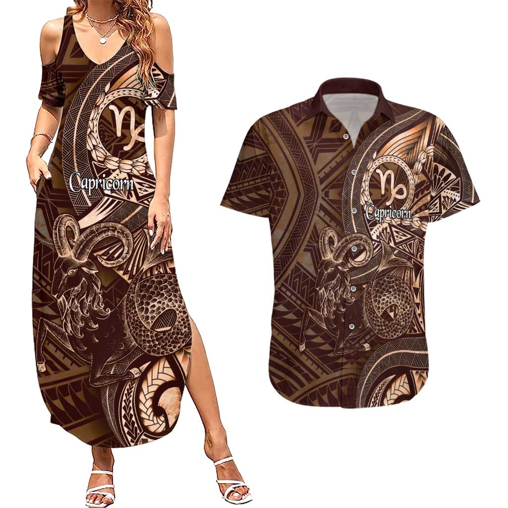 Personalised Polynesia Zodiac Capricorn Couples Matching Summer Maxi Dress and Hawaiian Shirt Galaxy Polynesian Pattern Chest Tattoo Style LT14 Brown - Polynesian Pride