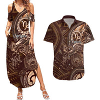 Personalised Polynesia Zodiac Capricorn Couples Matching Summer Maxi Dress and Hawaiian Shirt Galaxy Polynesian Pattern Chest Tattoo Style LT14 Brown - Polynesian Pride