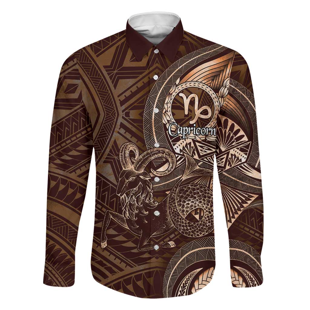 Personalised Polynesia Zodiac Capricorn Family Matching Long Sleeve Bodycon Dress and Hawaiian Shirt Galaxy Polynesian Pattern Chest Tattoo Style LT14 Dad's Shirt - Long Sleeve Brown - Polynesian Pride