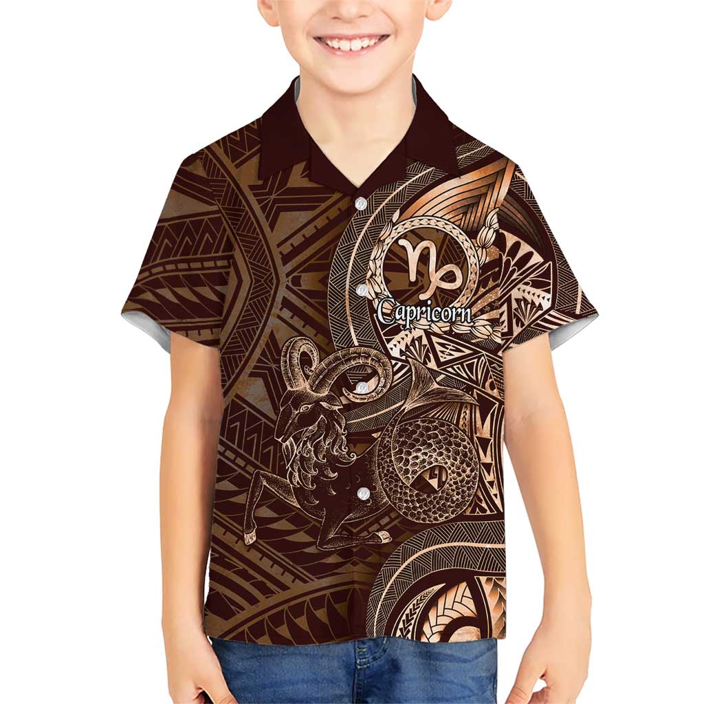Personalised Polynesia Zodiac Capricorn Family Matching Off Shoulder Maxi Dress and Hawaiian Shirt Galaxy Polynesian Pattern Chest Tattoo Style LT14 Son's Shirt Brown - Polynesian Pride