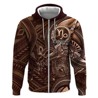 Personalised Polynesia Zodiac Capricorn Hoodie Galaxy Polynesian Pattern Chest Tattoo Style LT14 Zip Hoodie Brown - Polynesian Pride