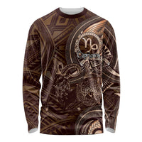 Personalised Polynesia Zodiac Capricorn Long Sleeve Shirt Galaxy Polynesian Pattern Chest Tattoo Style LT14 Unisex Brown - Polynesian Pride