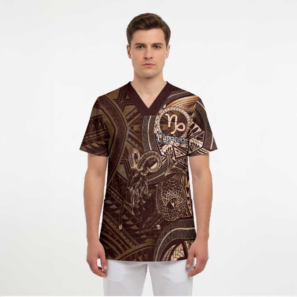 Personalised Polynesia Zodiac Capricorn Scrub Top Galaxy Polynesian Pattern Chest Tattoo Style