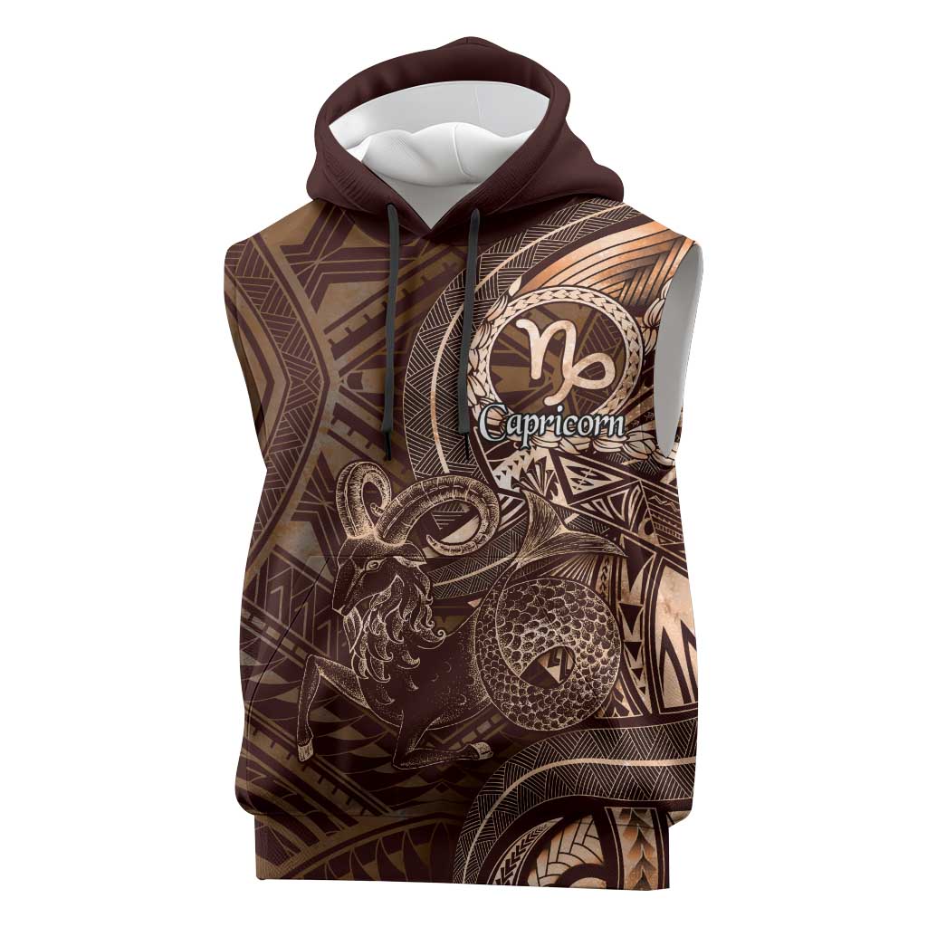 Personalised Polynesia Zodiac Capricorn Sleeveless Hoodie Galaxy Polynesian Pattern Chest Tattoo Style LT14 Brown - Polynesian Pride