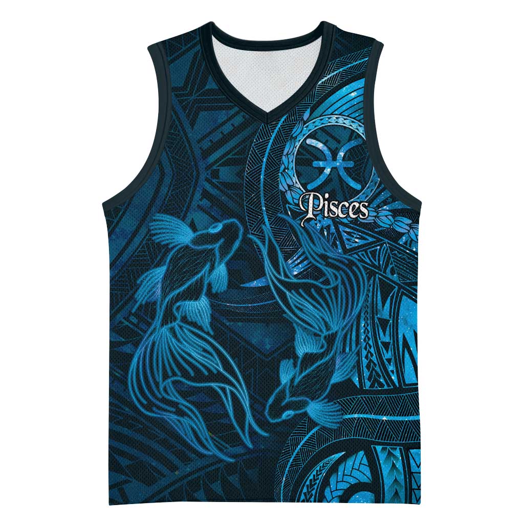 Personalised Polynesia Zodiac Pisces Basketball Jersey Galaxy Polynesian Pattern Chest Tattoo Style LT14 Unisex Blue - Polynesian Pride