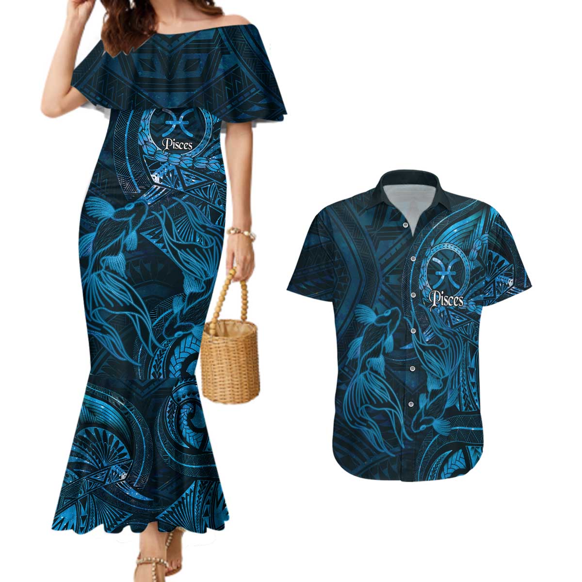 Personalised Polynesia Zodiac Pisces Couples Matching Mermaid Dress and Hawaiian Shirt Galaxy Polynesian Pattern Chest Tattoo Style LT14 Blue - Polynesian Pride