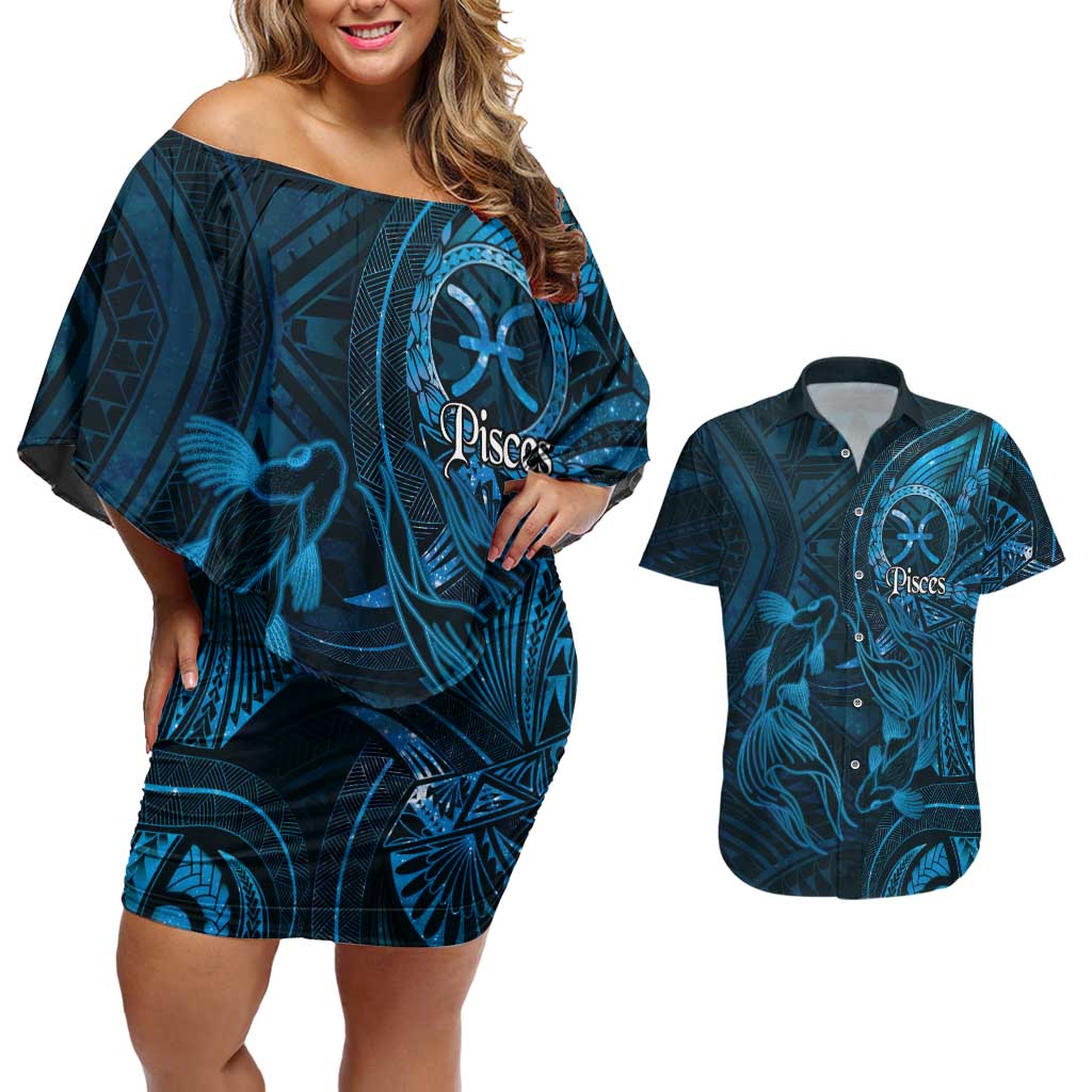 Personalised Polynesia Zodiac Pisces Couples Matching Off Shoulder Short Dress and Hawaiian Shirt Galaxy Polynesian Pattern Chest Tattoo Style LT14 Blue - Polynesian Pride