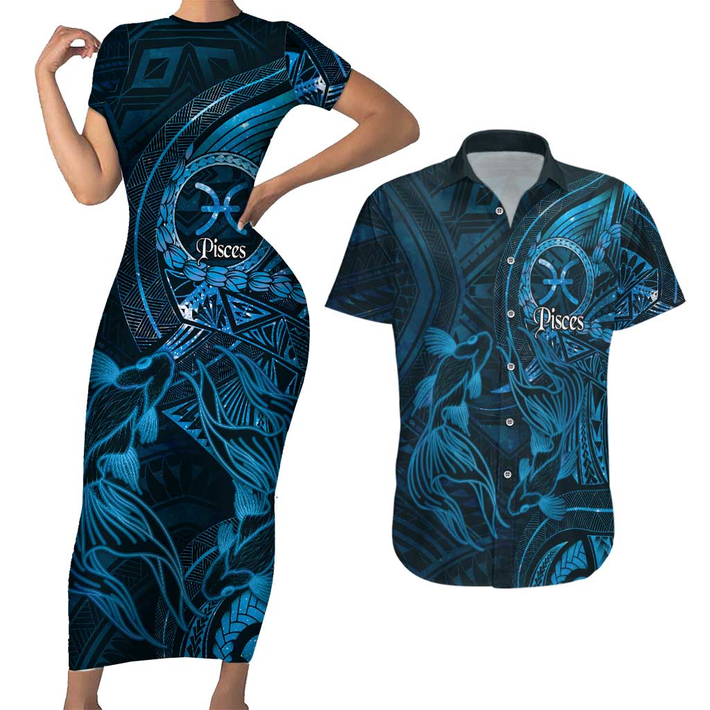 Personalised Polynesia Zodiac Pisces Couples Matching Short Sleeve Bodycon Dress and Hawaiian Shirt Galaxy Polynesian Pattern Chest Tattoo Style LT14 Blue - Polynesian Pride