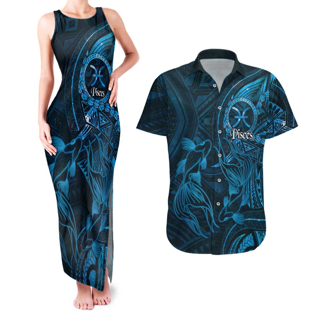 Personalised Polynesia Zodiac Pisces Couples Matching Tank Maxi Dress and Hawaiian Shirt Galaxy Polynesian Pattern Chest Tattoo Style LT14 Blue - Polynesian Pride