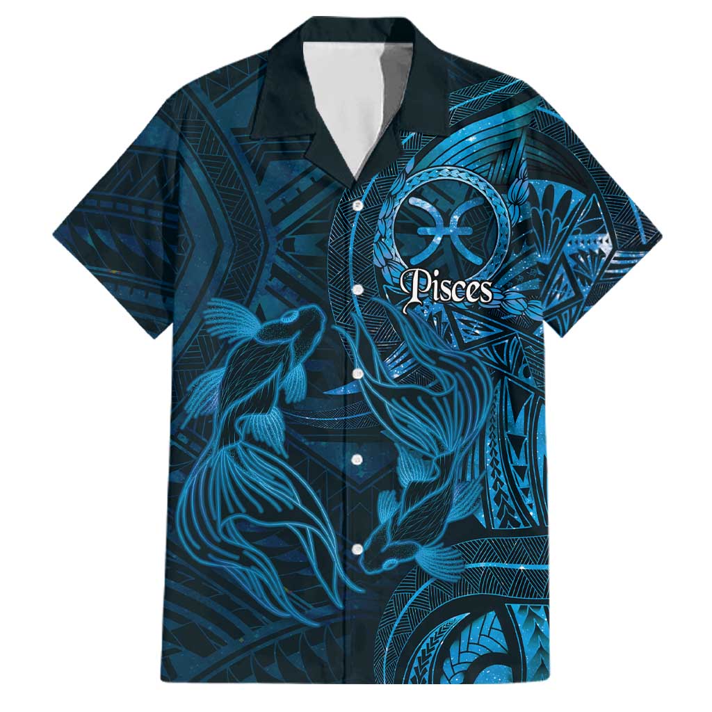 Personalised Polynesia Zodiac Pisces Family Matching Mermaid Dress and Hawaiian Shirt Galaxy Polynesian Pattern Chest Tattoo Style LT14 Dad's Shirt - Short Sleeve Blue - Polynesian Pride