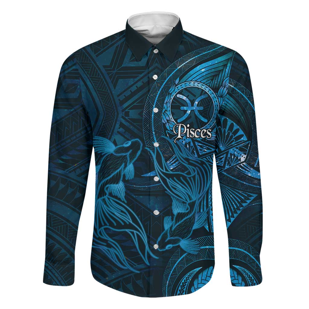 Personalised Polynesia Zodiac Pisces Family Matching Mermaid Dress and Hawaiian Shirt Galaxy Polynesian Pattern Chest Tattoo Style LT14 Dad's Shirt - Long Sleeve Blue - Polynesian Pride