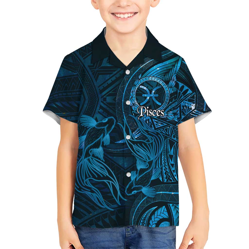 Personalised Polynesia Zodiac Pisces Family Matching Mermaid Dress and Hawaiian Shirt Galaxy Polynesian Pattern Chest Tattoo Style LT14 Son's Shirt Blue - Polynesian Pride