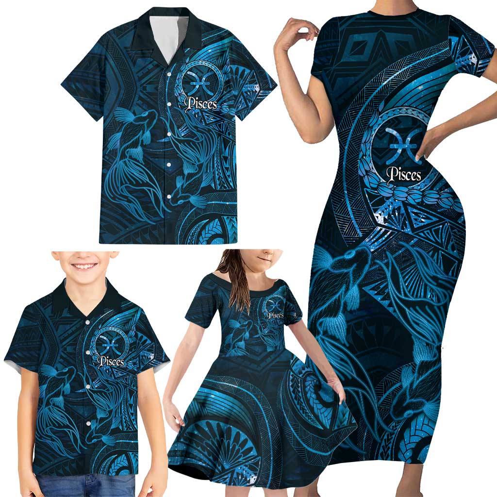 Personalised Polynesia Zodiac Pisces Family Matching Short Sleeve Bodycon Dress and Hawaiian Shirt Galaxy Polynesian Pattern Chest Tattoo Style LT14 - Polynesian Pride