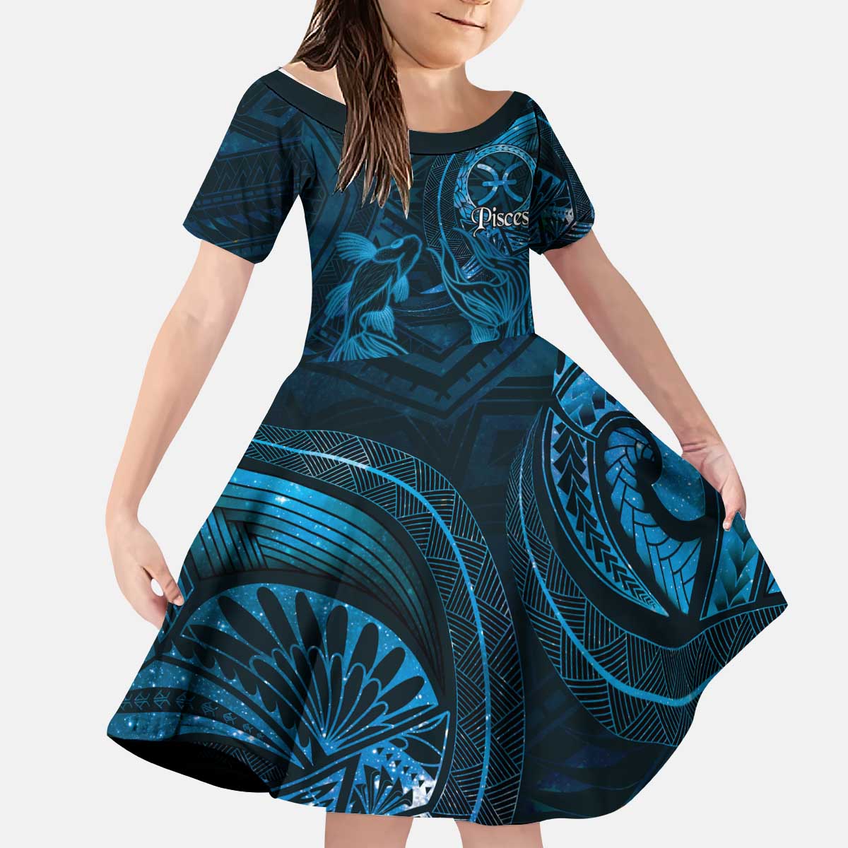 Personalised Polynesia Zodiac Pisces Kid Short Sleeve Dress Galaxy Polynesian Pattern Chest Tattoo Style