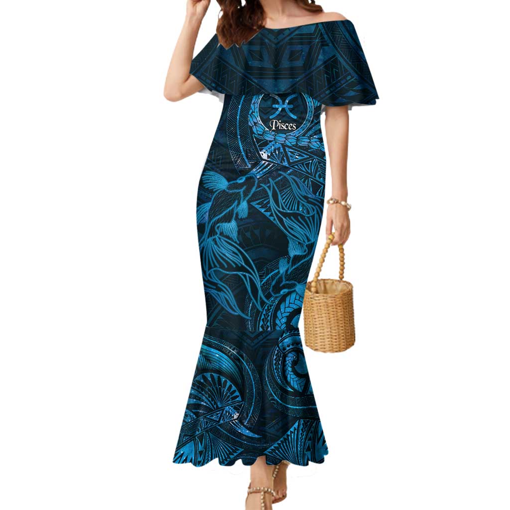 Personalised Polynesia Zodiac Pisces Mermaid Dress Galaxy Polynesian Pattern Chest Tattoo Style LT14 Women Blue - Polynesian Pride