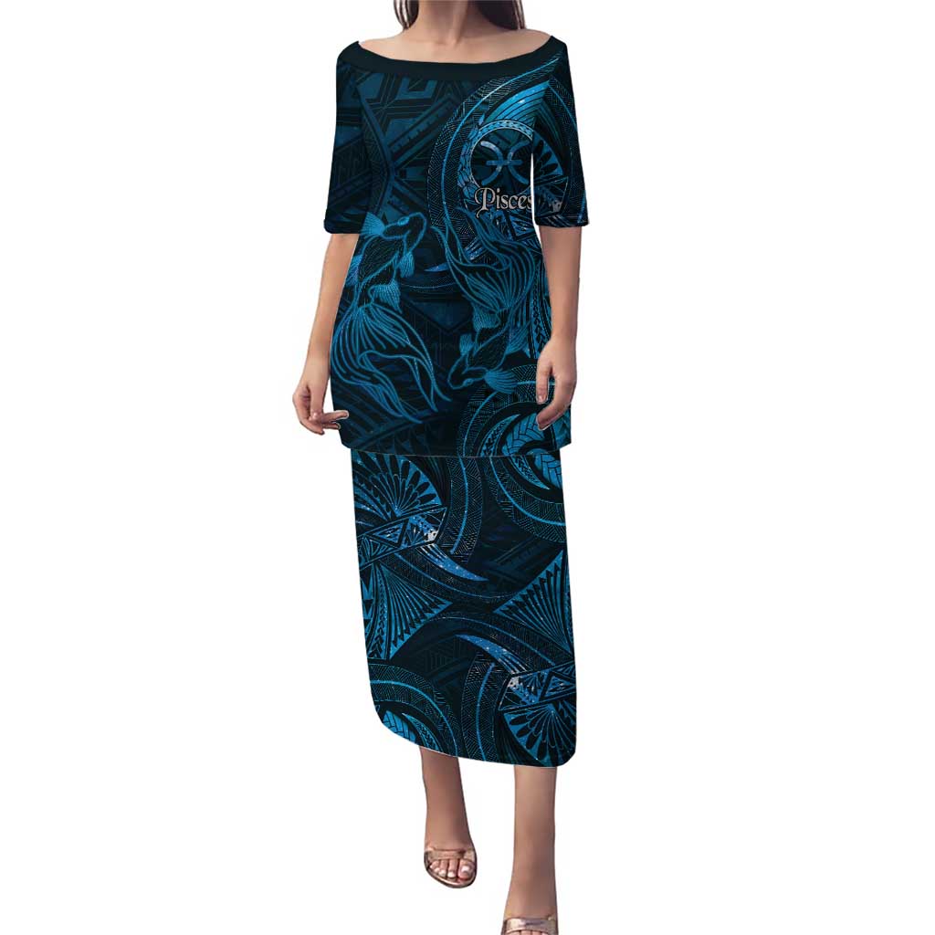Personalised Polynesia Zodiac Pisces Puletasi Galaxy Polynesian Pattern Chest Tattoo Style LT14 Long Dress Blue - Polynesian Pride