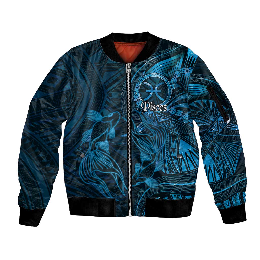 Personalised Polynesia Zodiac Pisces Sleeve Zip Bomber Jacket Galaxy Polynesian Pattern Chest Tattoo Style LT14 Unisex Blue - Polynesian Pride