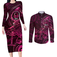 Personalised Polynesia Zodiac Libra Couples Matching Long Sleeve Bodycon Dress and Long Sleeve Button Shirt Galaxy Polynesian Pattern Chest Tattoo Style LT14 Pink - Polynesian Pride