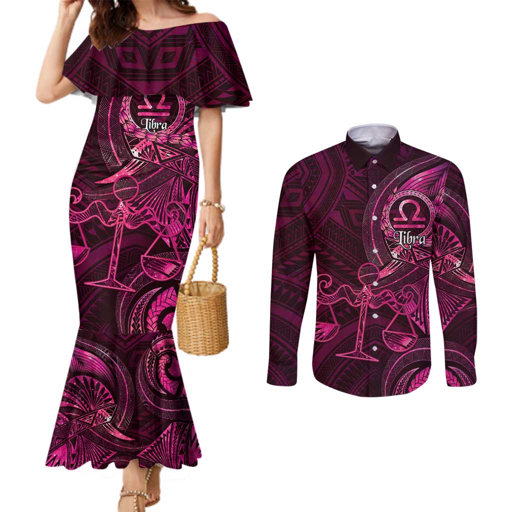 Personalised Polynesia Zodiac Libra Couples Matching Mermaid Dress and Long Sleeve Button Shirt Galaxy Polynesian Pattern Chest Tattoo Style LT14 Pink - Polynesian Pride