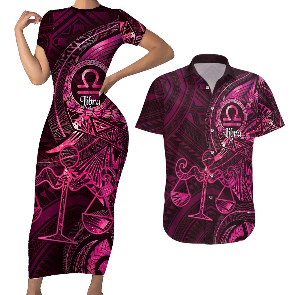 Personalised Polynesia Zodiac Libra Couples Matching Short Sleeve Bodycon Dress and Hawaiian Shirt Galaxy Polynesian Pattern Chest Tattoo Style
