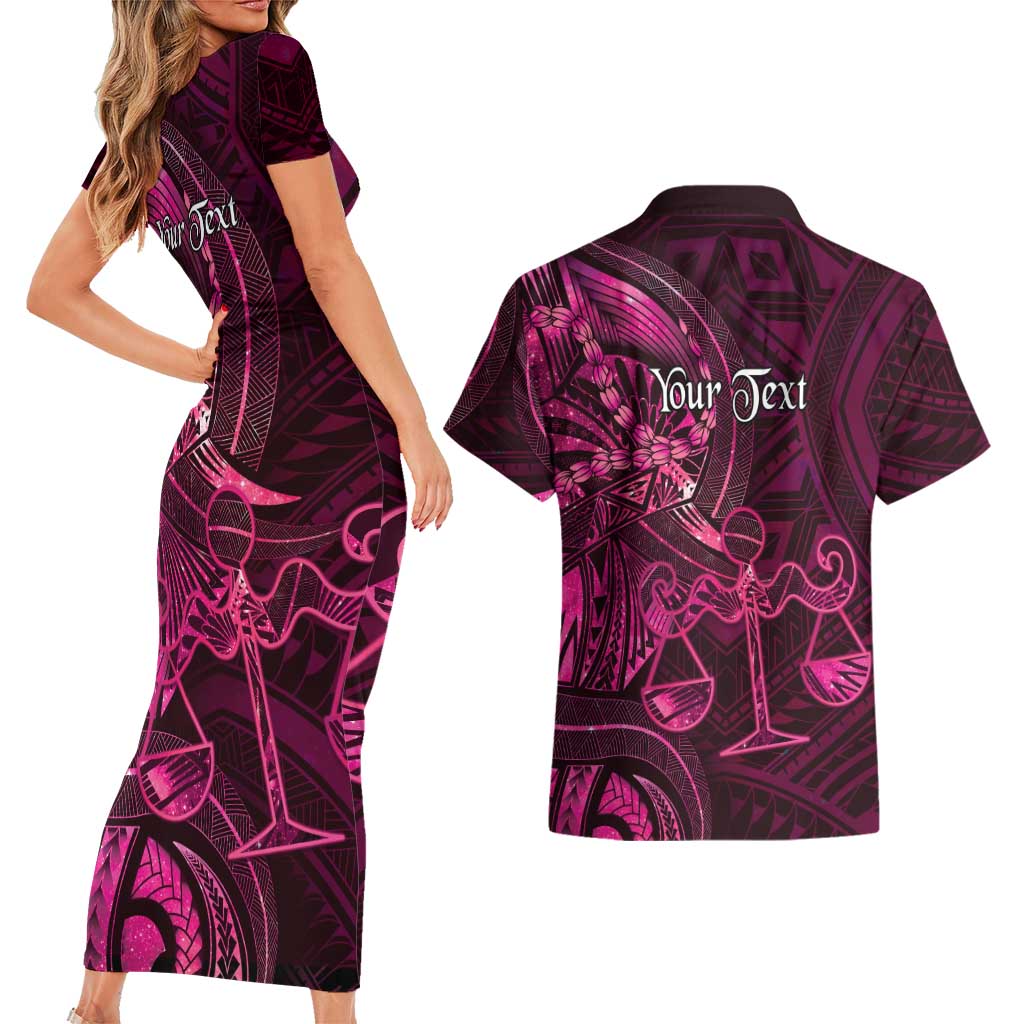 Personalised Polynesia Zodiac Libra Couples Matching Short Sleeve Bodycon Dress and Hawaiian Shirt Galaxy Polynesian Pattern Chest Tattoo Style